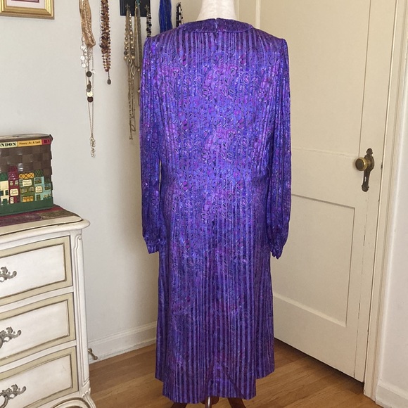 Vintage 80s Paisley Pleated Belted Midi Dress Sz 10 - Picture 8 of 12